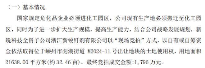 太阳成集团tyc新锐科技全资子公司以“现场竞拍”方式取得位于嵊州市剡湖街道出让地块的土地使用权 竞拍成交价1796万